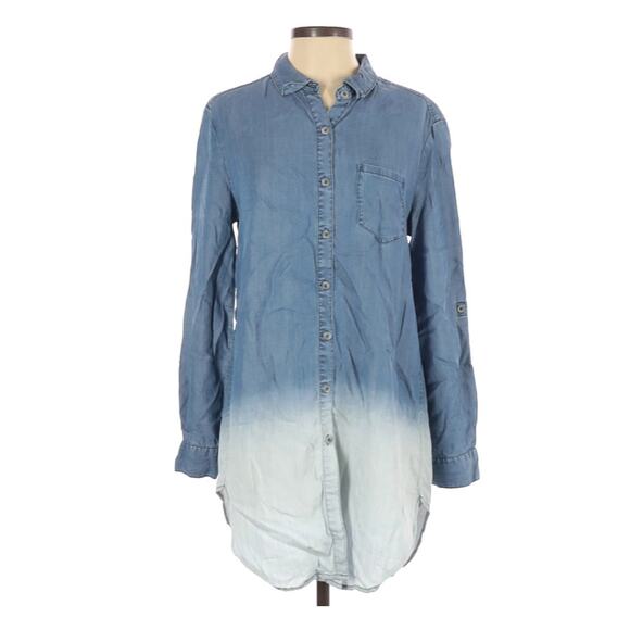 HOLDING HORSES Womens Chambray 2 Tone Button-Up Tunic Size S Boho Long Shirt - Picture 1 of 6